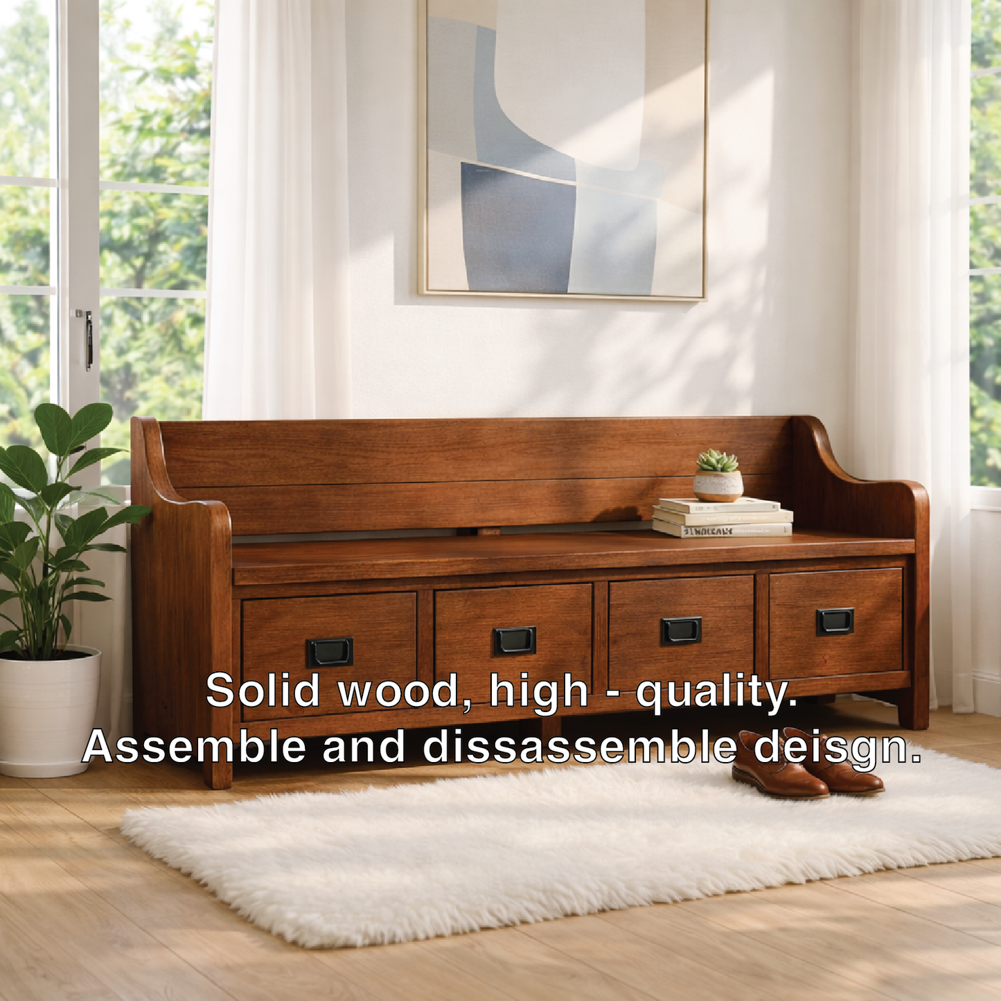 Solid Wood Storage Bench with Drawers, Entryway Hallway Seating Cabinet