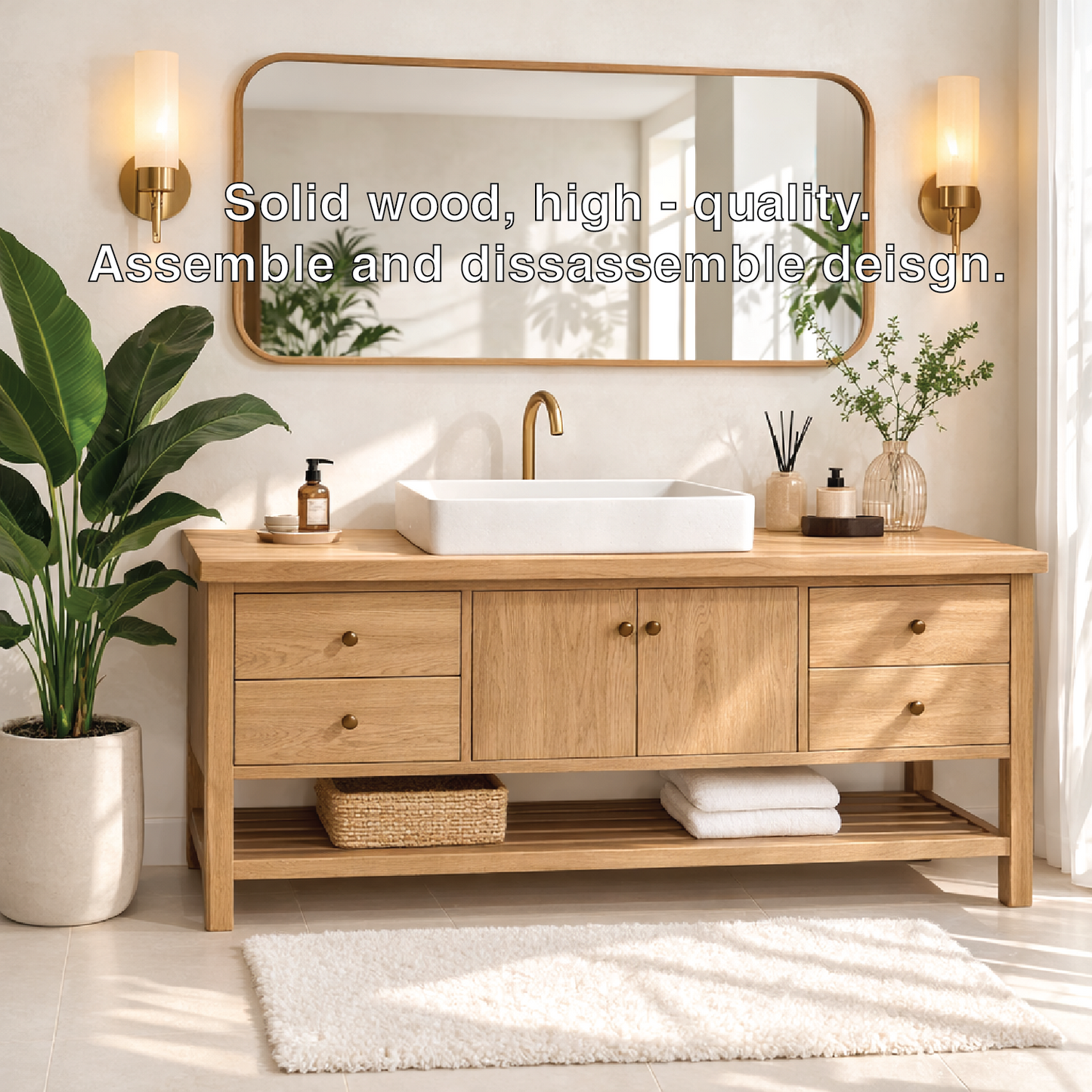 Rustic Bathroom Vanity with Open Shelves and Elegant Brass Faucet Kitchnce
