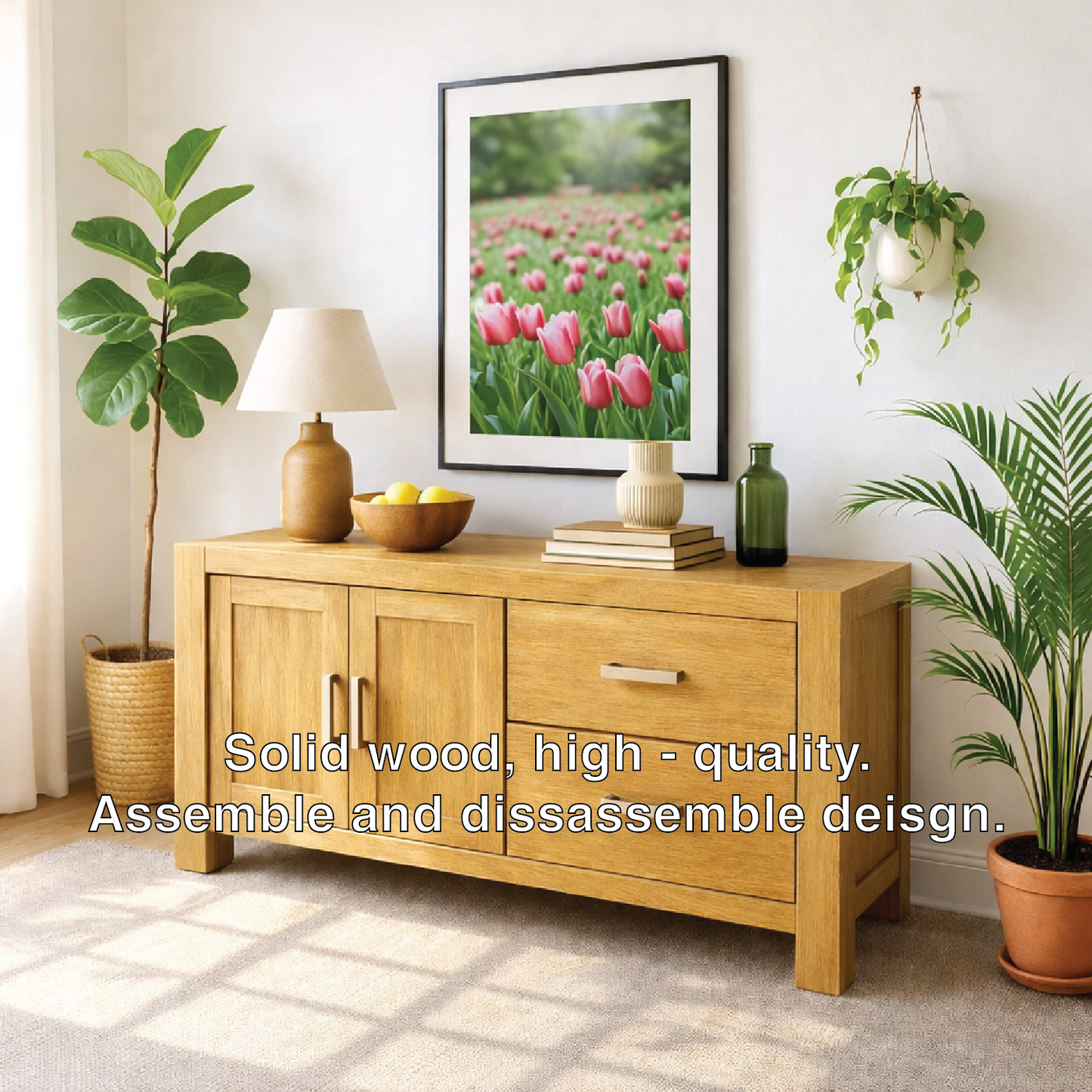 Solid Wood Console Table, Modern Wood Buffet Console with Doors and Drawers Storage Kitchnce