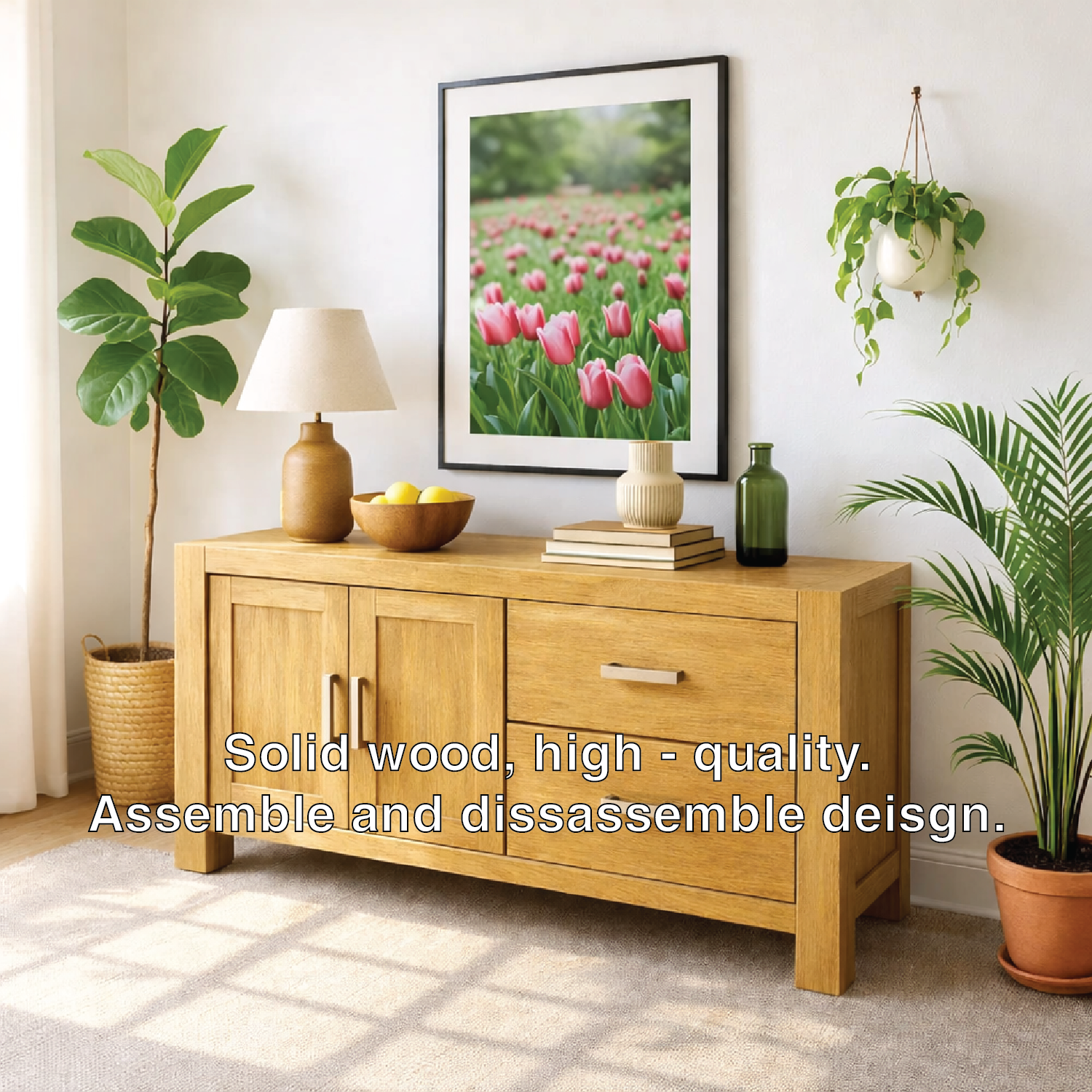 Solid Wood Console Table, Modern Wood Buffet Console with Doors and Drawers Storage Kitchnce