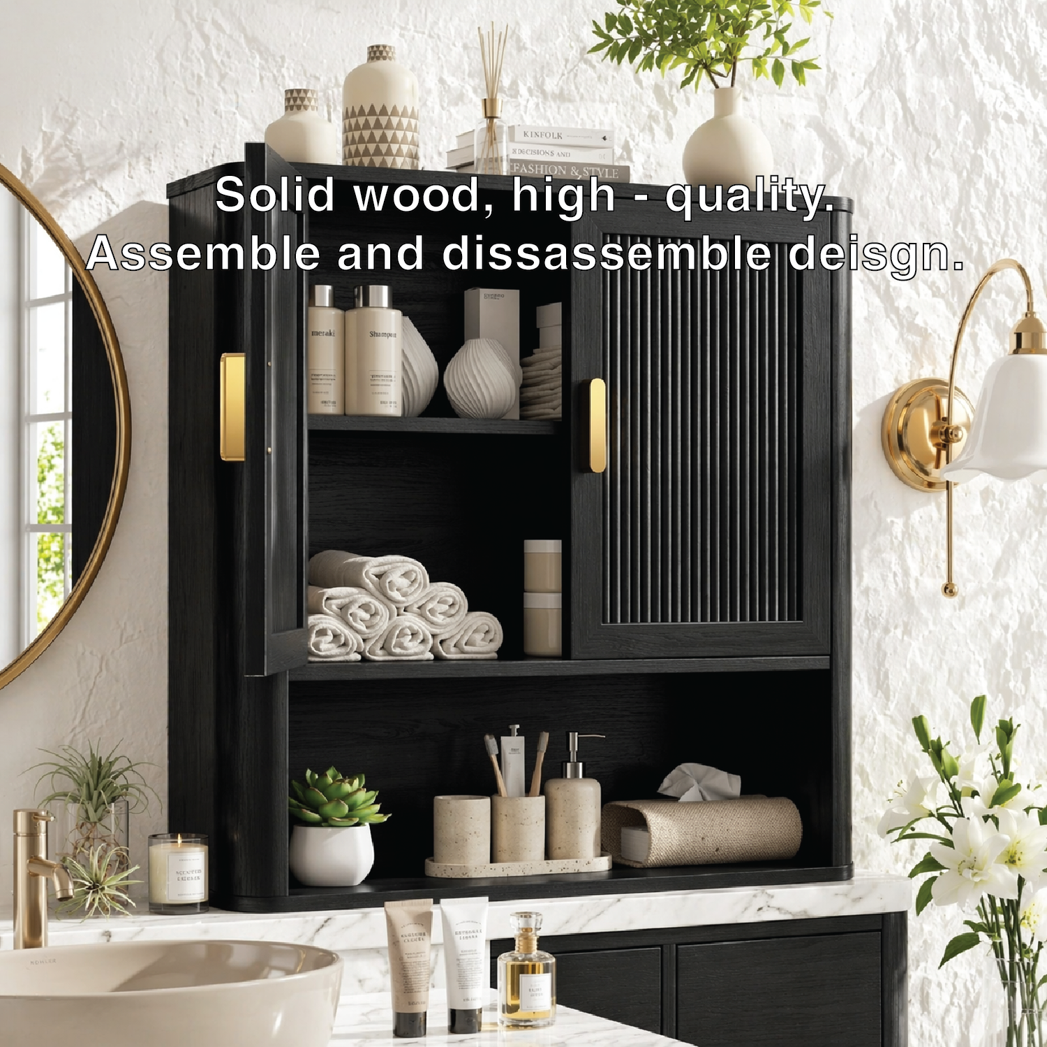 Floating Bathroom Cabinet, Modern Fluted Wall Mounted Vanity Storage Organizer Unit