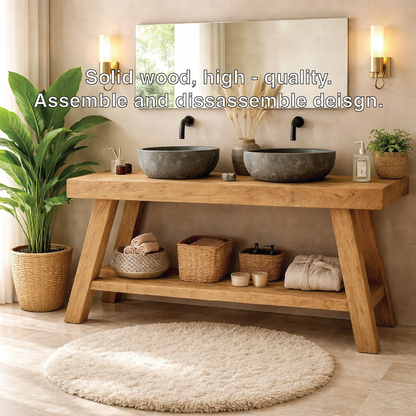 Rustic Double Sink Bathroom Vanity with Shelves Wooden Vanity Base Kitchnce