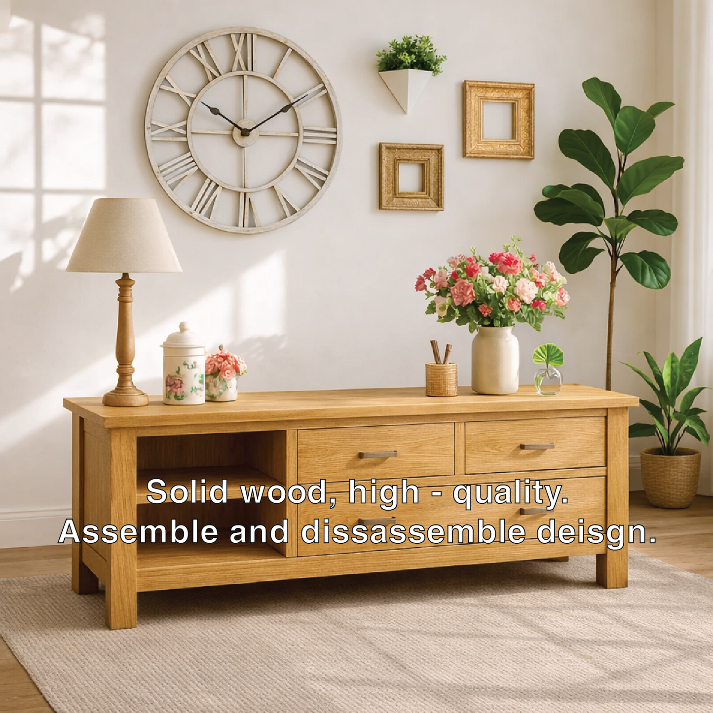Solid Wood Console Table with Drawers, Farmhouse Wood Media Cabinet with Storage Kitchnce