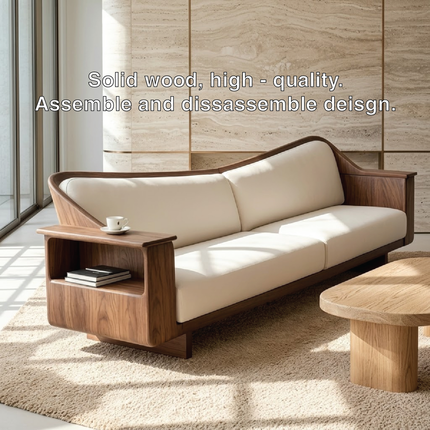 Modern Curved Solid Wood Sofa with Built-in Side Shelf White Leather Couch