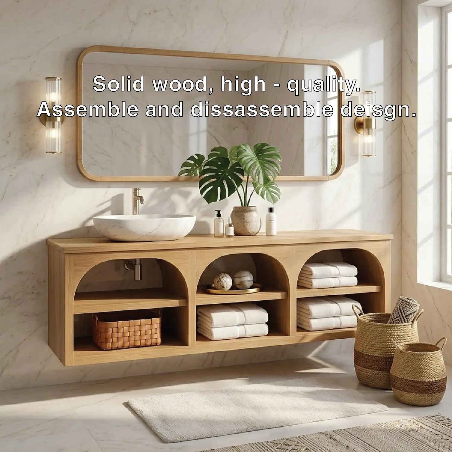 Floating Vanity with Natural Wood and Marble Sink, Open Shelf Storage Kitchnce