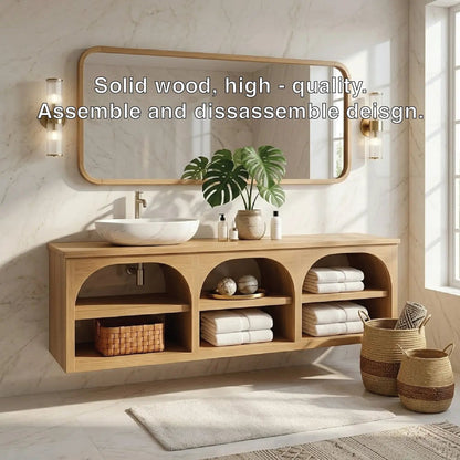 Floating Vanity with Natural Wood and Marble Sink, Open Shelf Storage Kitchnce