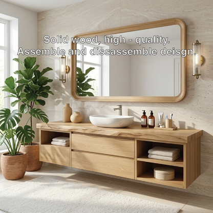 Elegant Floating Vanity with Natural Wood Finish, Wall-Mounted Modern Bathroom Storage Kitchnce