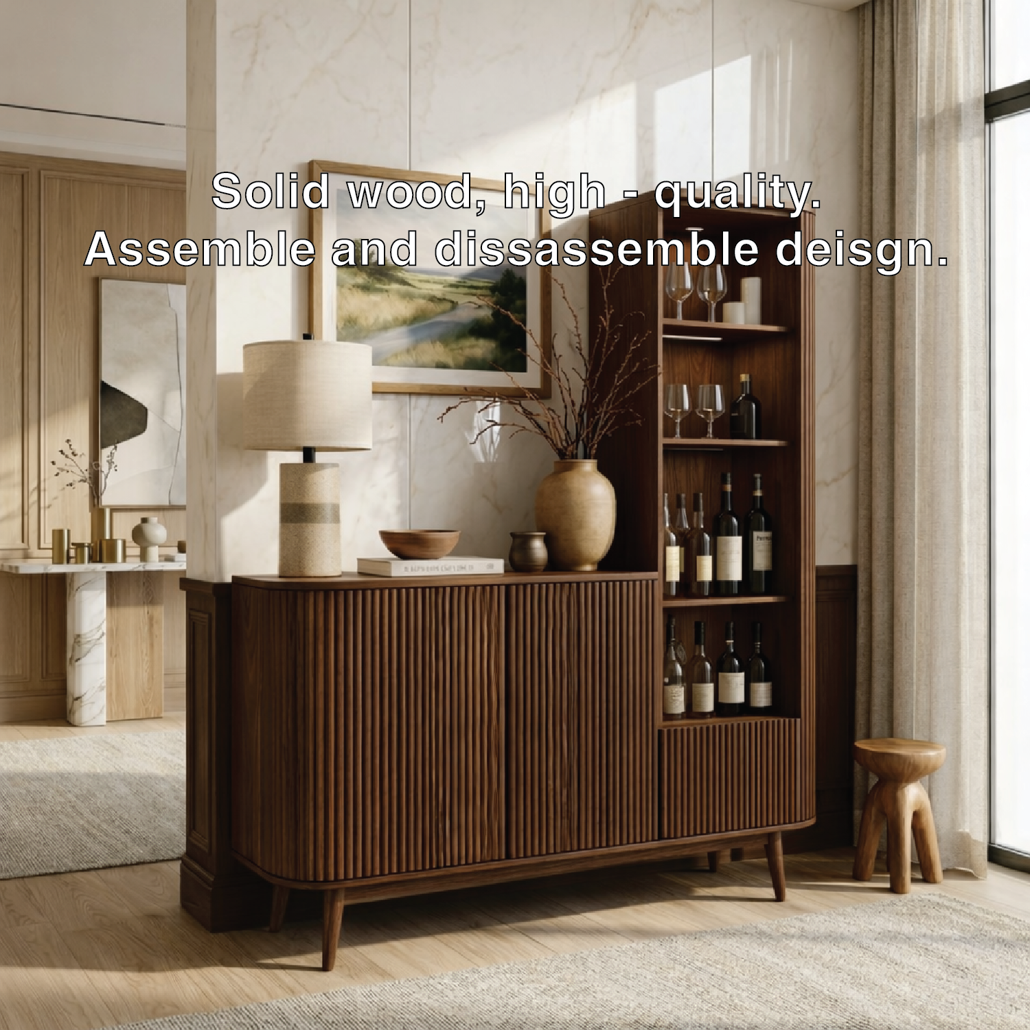 Contemporary Wooden Bar Cabinet, Fluted Sideboard with Tall Bottle Display Storage