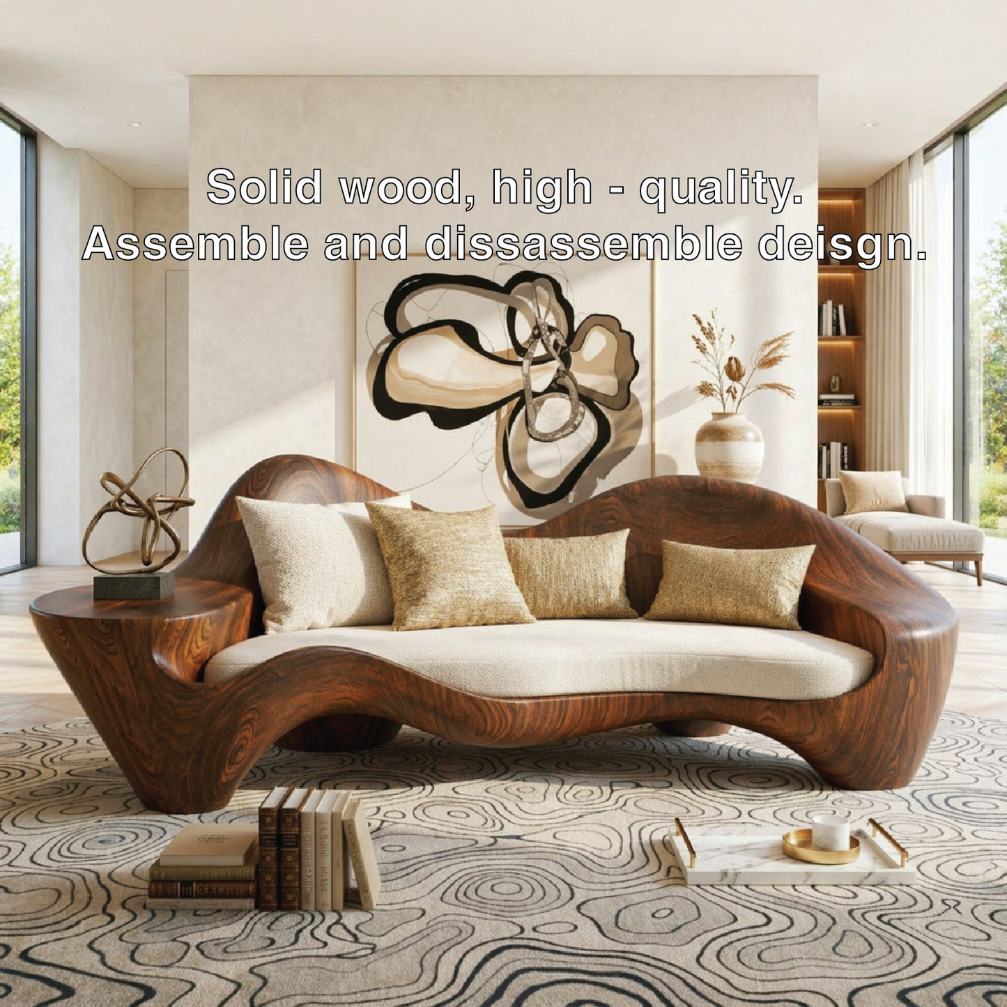 Modern Sculptural Curved Sofa with Side Table, Statement Living Room Furniture