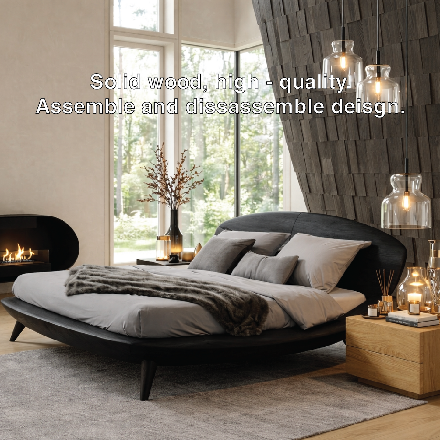 Modern Curved Platform Bed Frame, Minimalist Luxury Bedroom Furniture Decor Set