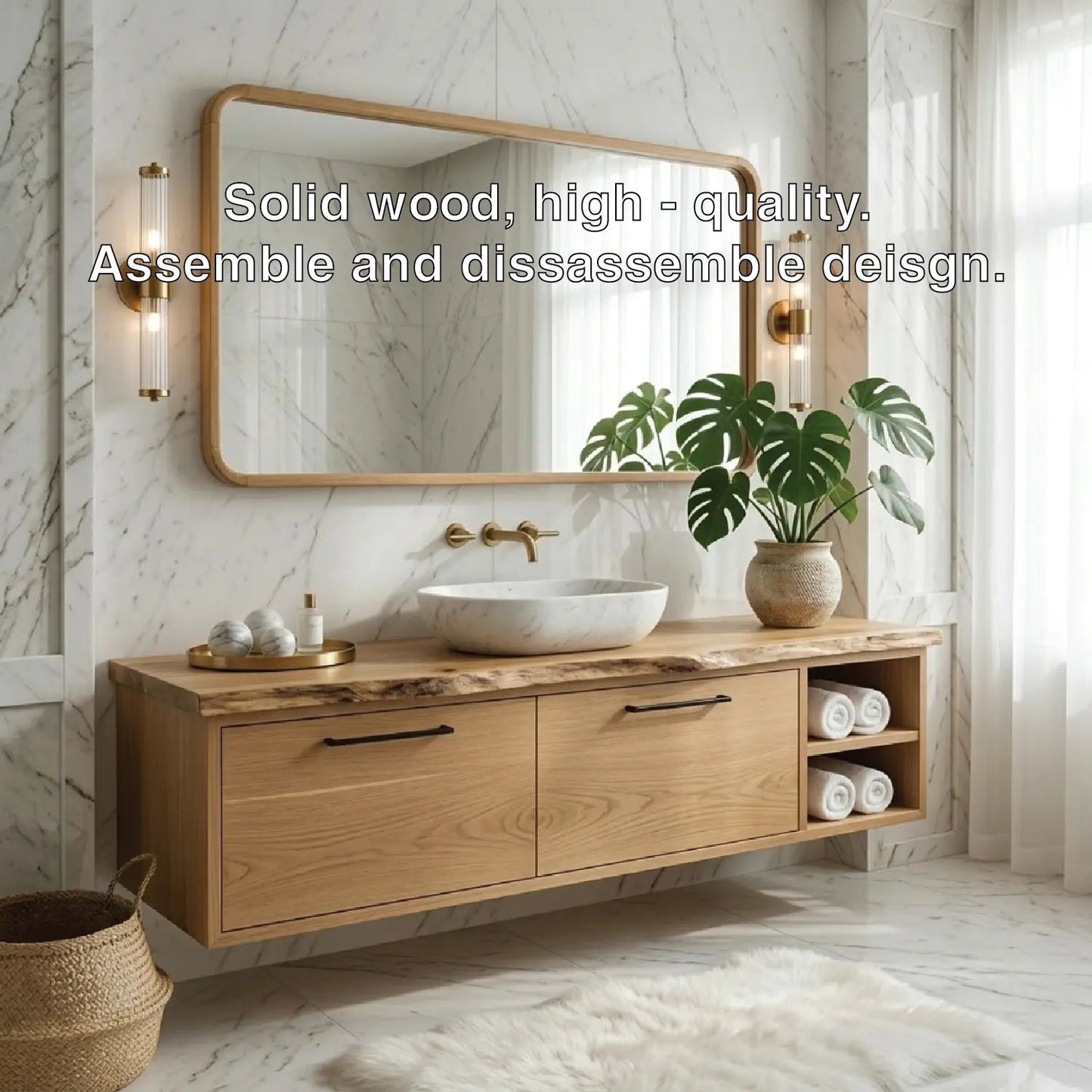 Floating Vanity with Natural Walnut Wood, Modern Sink, and Open Shelf Storage Kitchnce