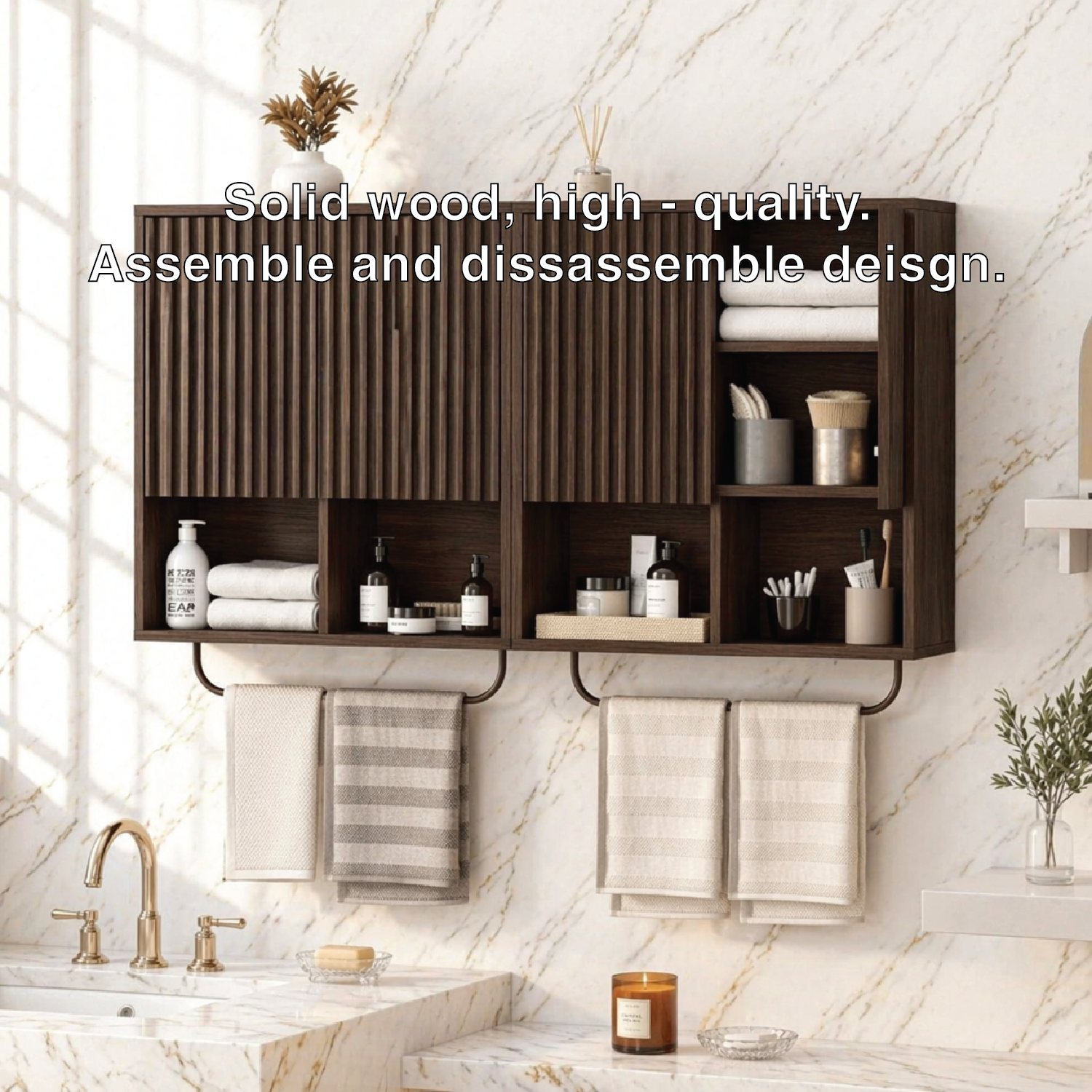 Floating Bathroom Cabinet, Modern Slatted Wall Mounted Vanity Storage Towel Bars