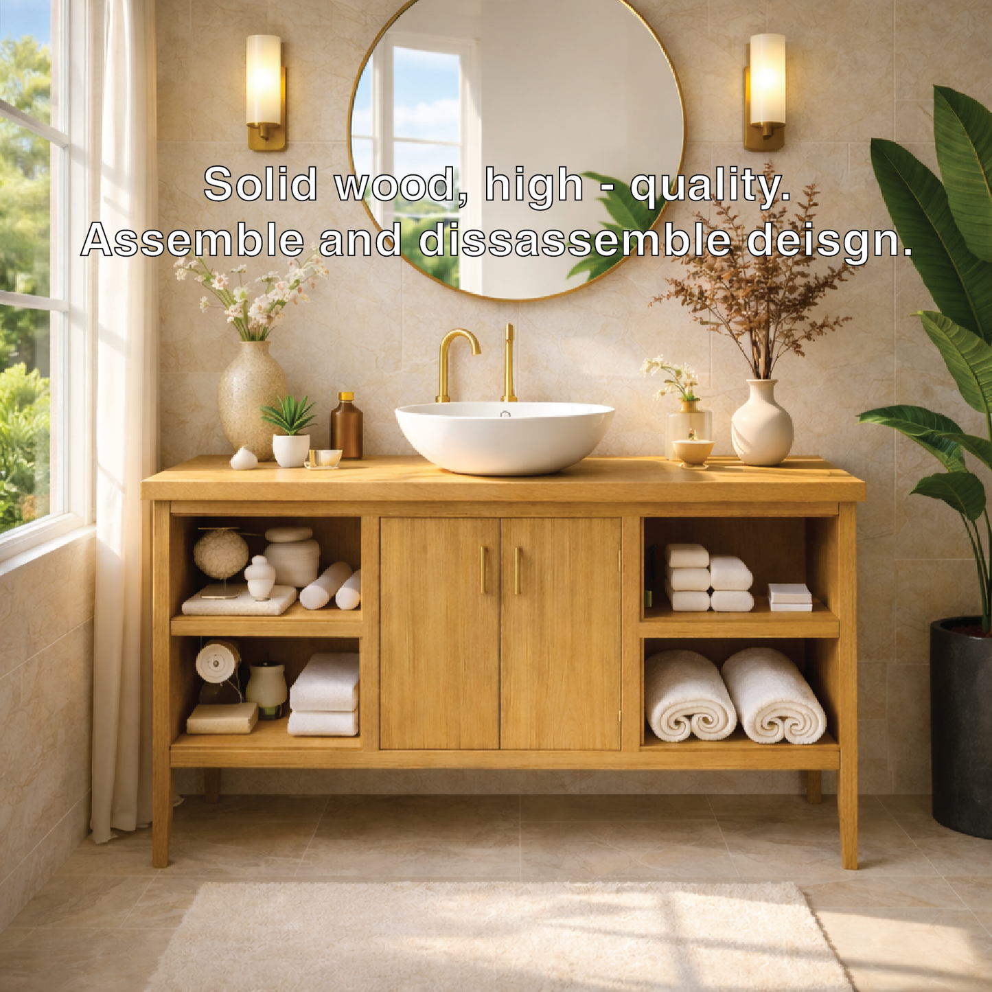 Sleek Wooden Bathroom Vanity with Open Shelving and Storage Kitchnce