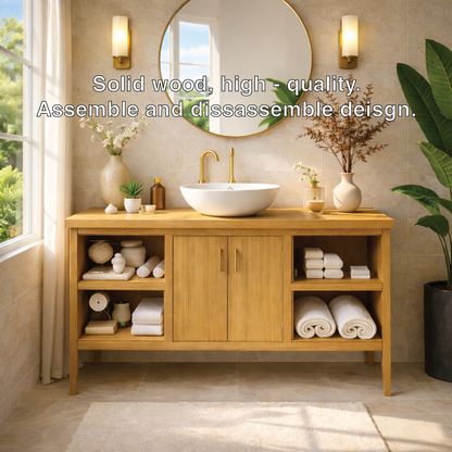 Sleek Wooden Bathroom Vanity with Open Shelving and Storage Kitchnce