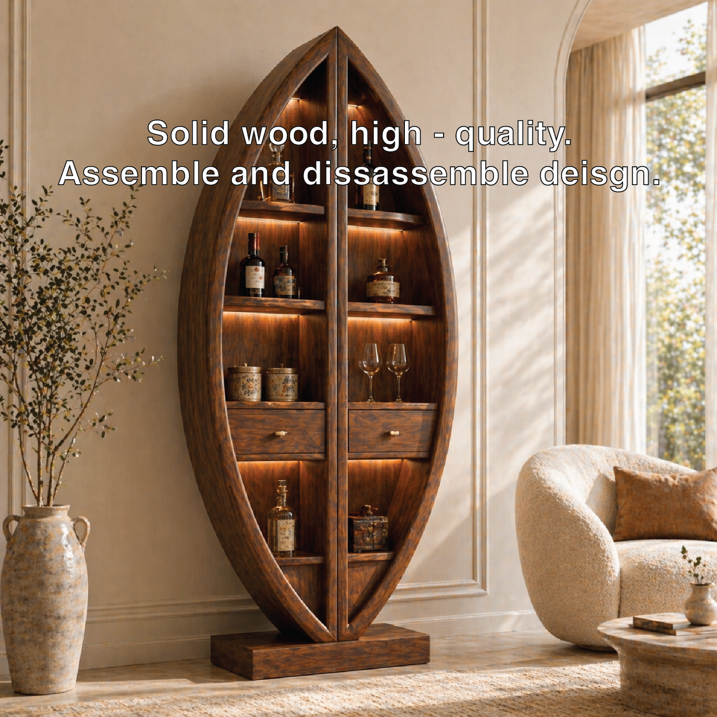 Sculptural Tall Wine Cabinet Freestanding Bar Storage Display Shelves With Drawers