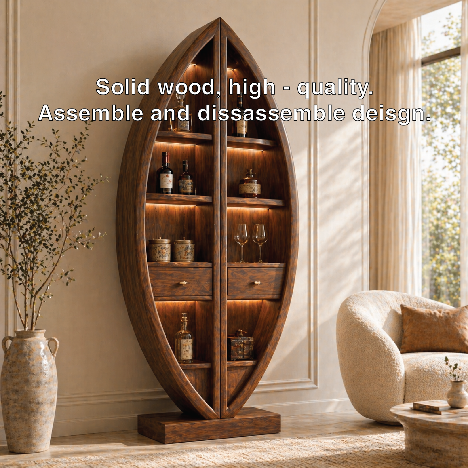 Sculptural Tall Wine Cabinet Freestanding Bar Storage Display Shelves With Drawers