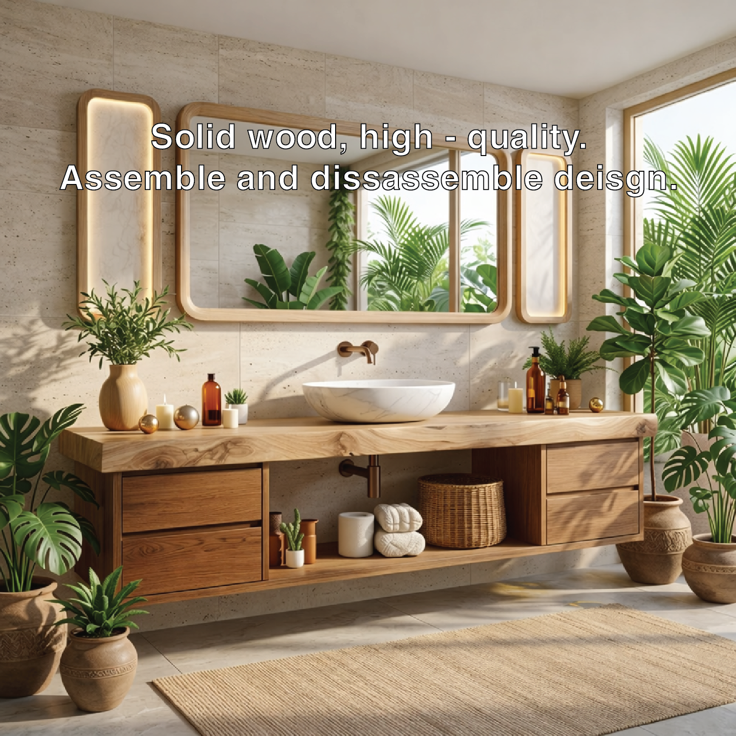 Modern Floating Walnut Vanity with Natural Wood Finish and Open Shelving, Stylish Bathroom Storage Kitchnce