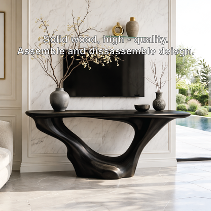 Solid Wood Console Table with Sculpted Curved Base, Modern Minimalist Design