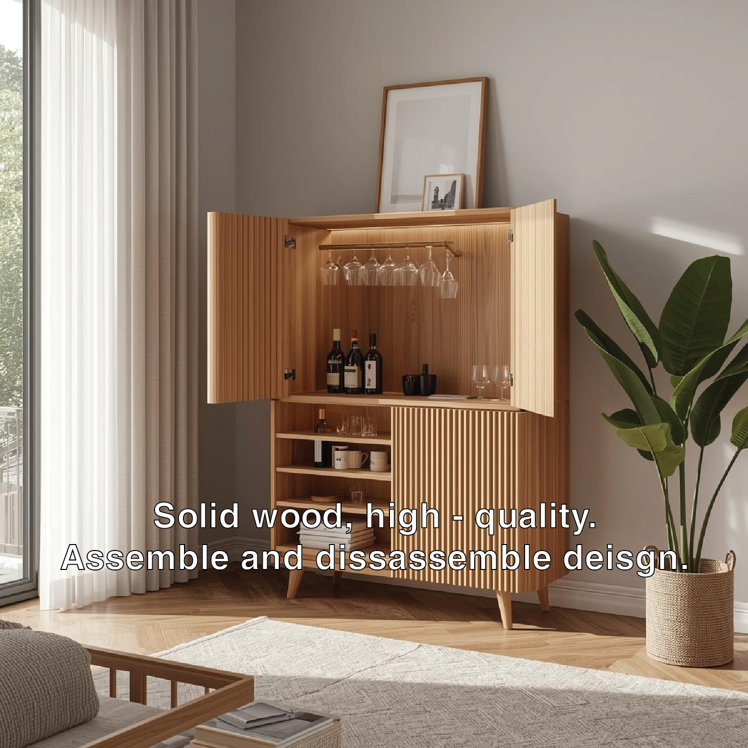 Handcrafted Solid Wood Wine Cabinet Ribbed Door Scandinavian Bar Storage with Glass Rack Display