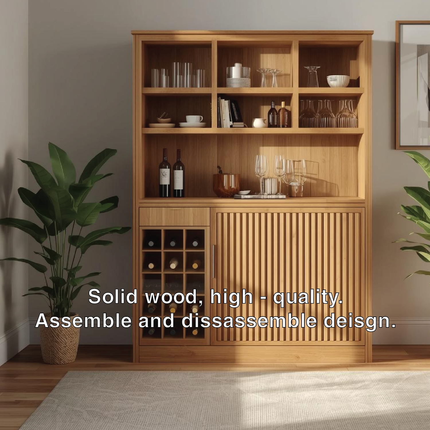 Handcrafted Solid Wood Wine Cabinet with Storage Shelves Modern Home Bar Furniture