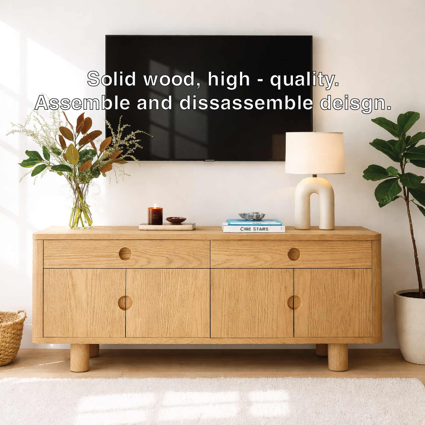 Minimalist Wood TV Stand With Cabinet Doors Long Media Console Modern Entertainment Center Kitchnce