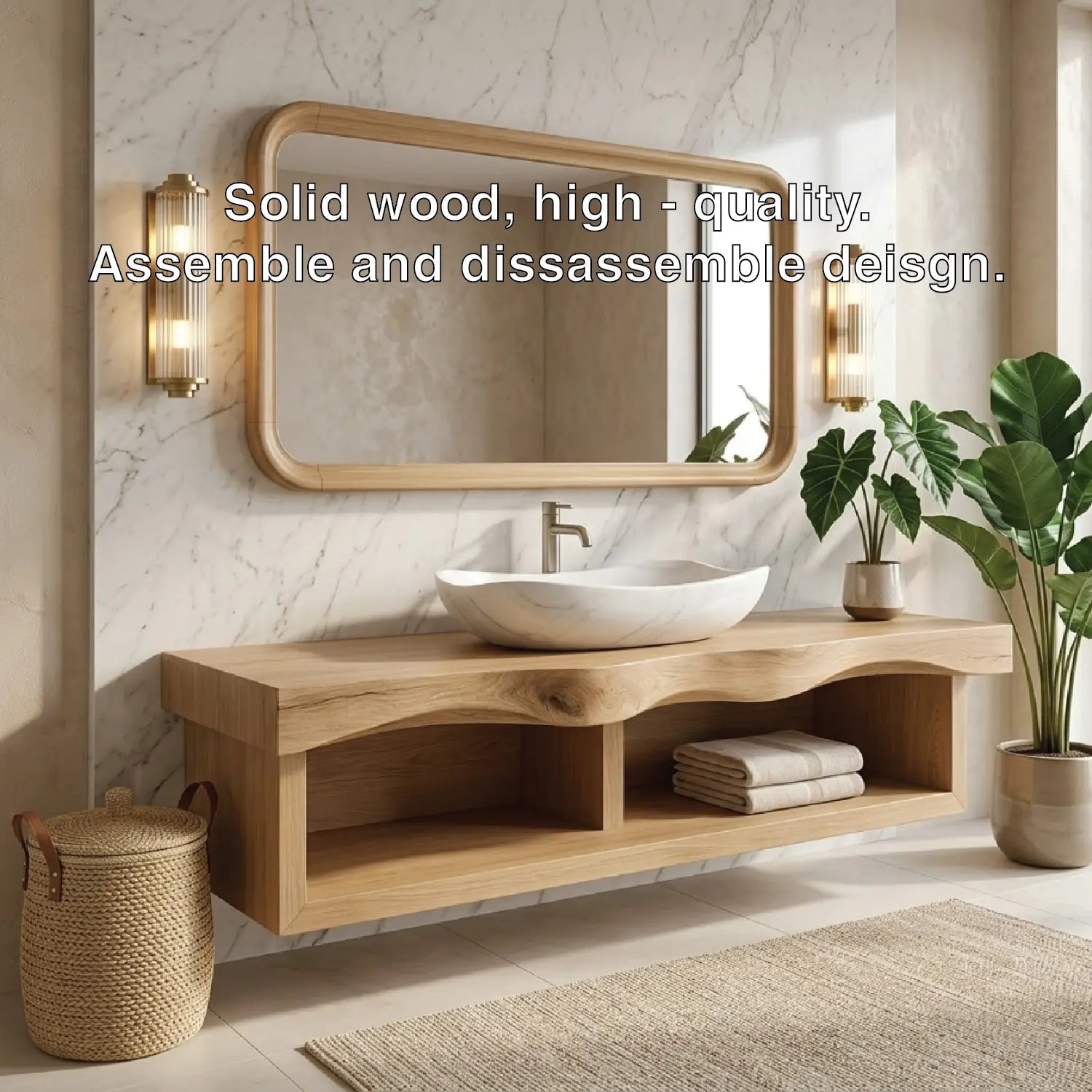 Floating Vanity with Natural Walnut Wood, Unique Curve Design and Open Shelf Kitchnce