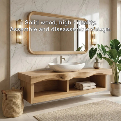 Floating Vanity with Natural Walnut Wood, Unique Curve Design and Open Shelf Kitchnce