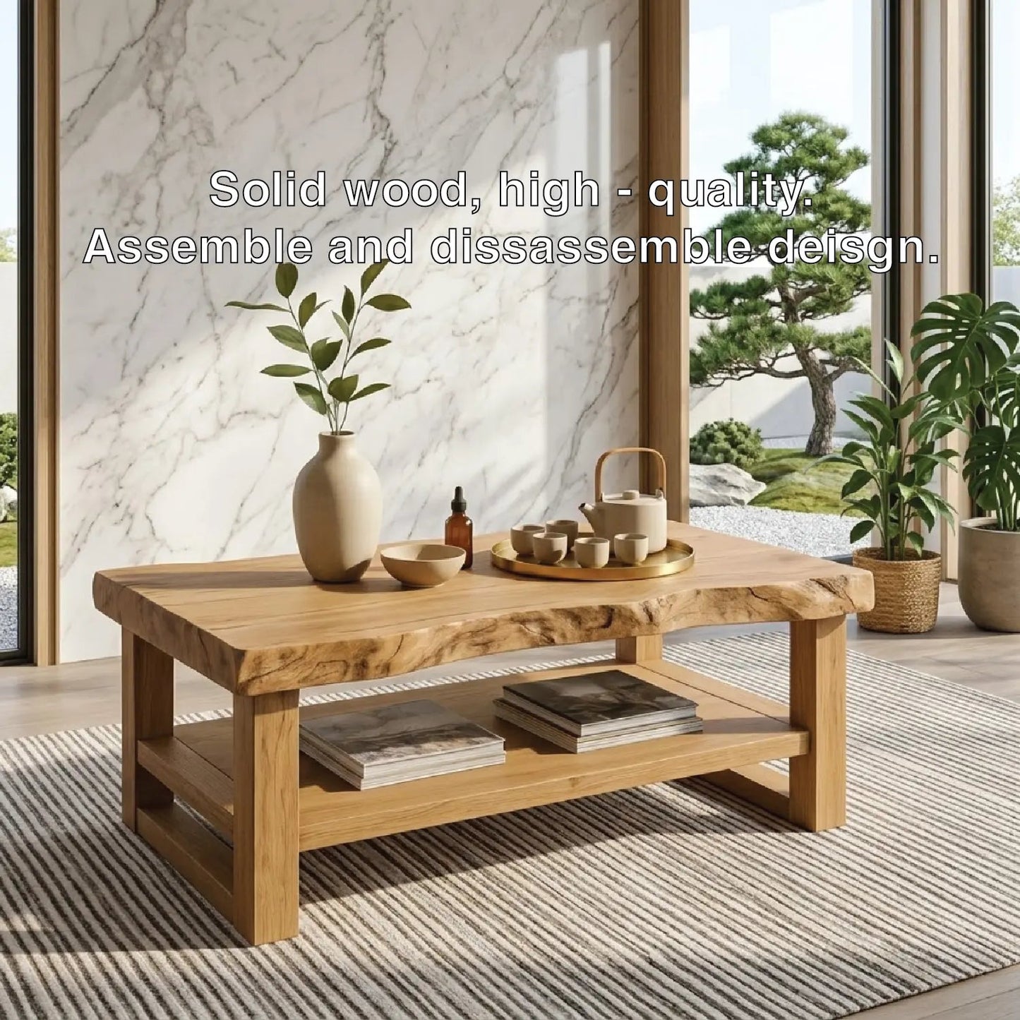 Rustic Solid Wood Coffee Table with Natural Finish and Lower Storage Kitchnce