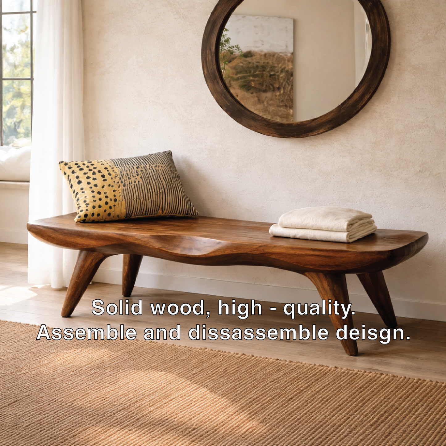 Live Edge Solid Wood Bench, Sculpted Rustic Entryway Hallway Seating