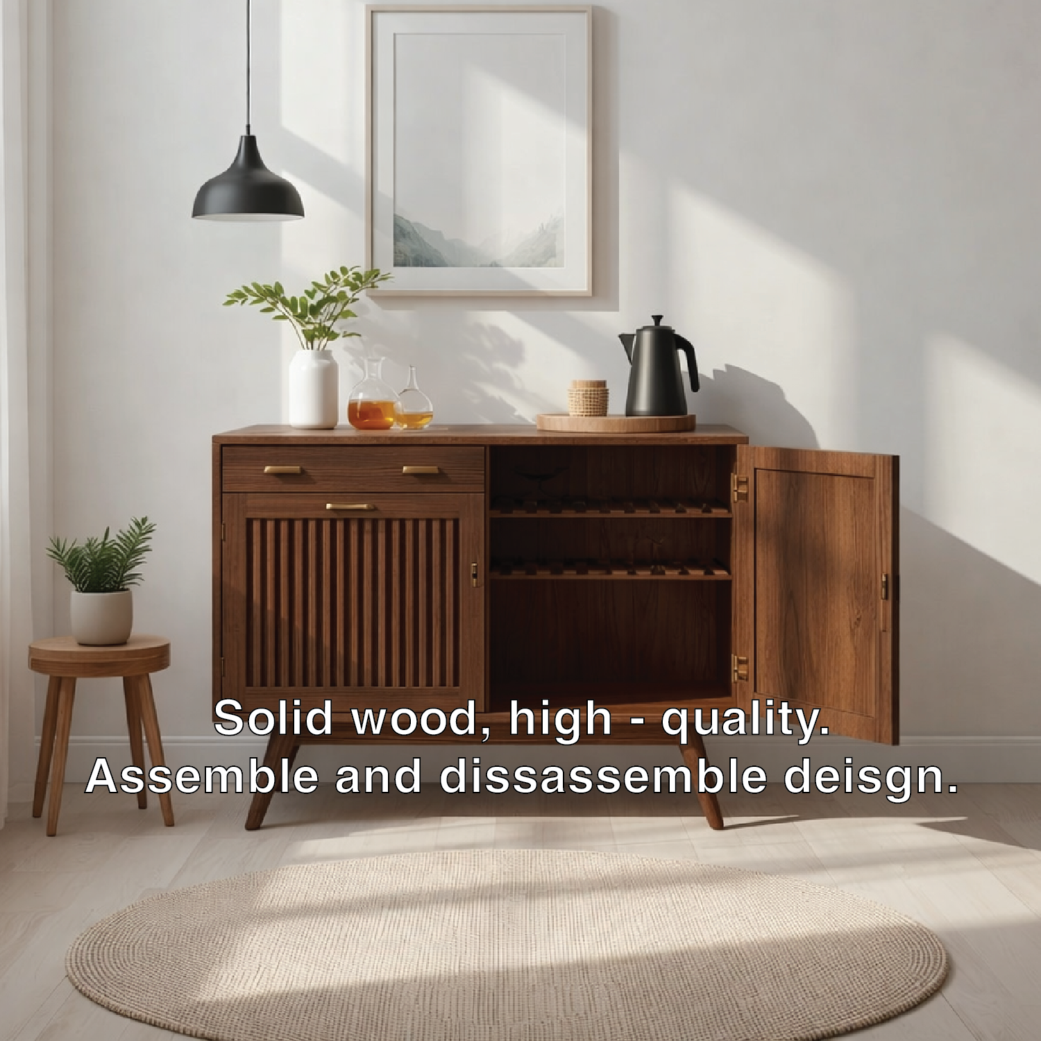 Mid Century Solid Wood Wine Cabinet with Sliding Door and Bottle Rack Storage