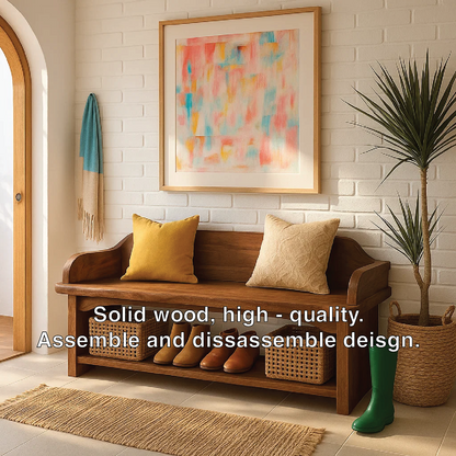 Solid Wood Entryway Bench with Armrests and Shoe Shelf Storage