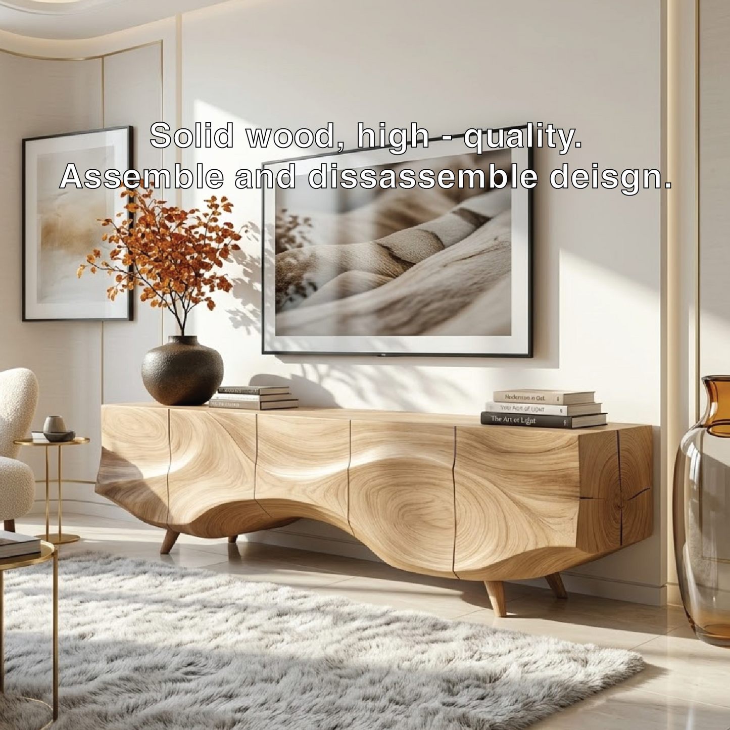Solid Wood TV Stand, Sculpted-Wave Modern Media Console Cabinet for Living Room