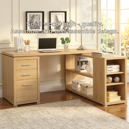 Contemporary L-Shaped Corner Desk with Drawers, Shelves, Home Office Workstation Writing Table