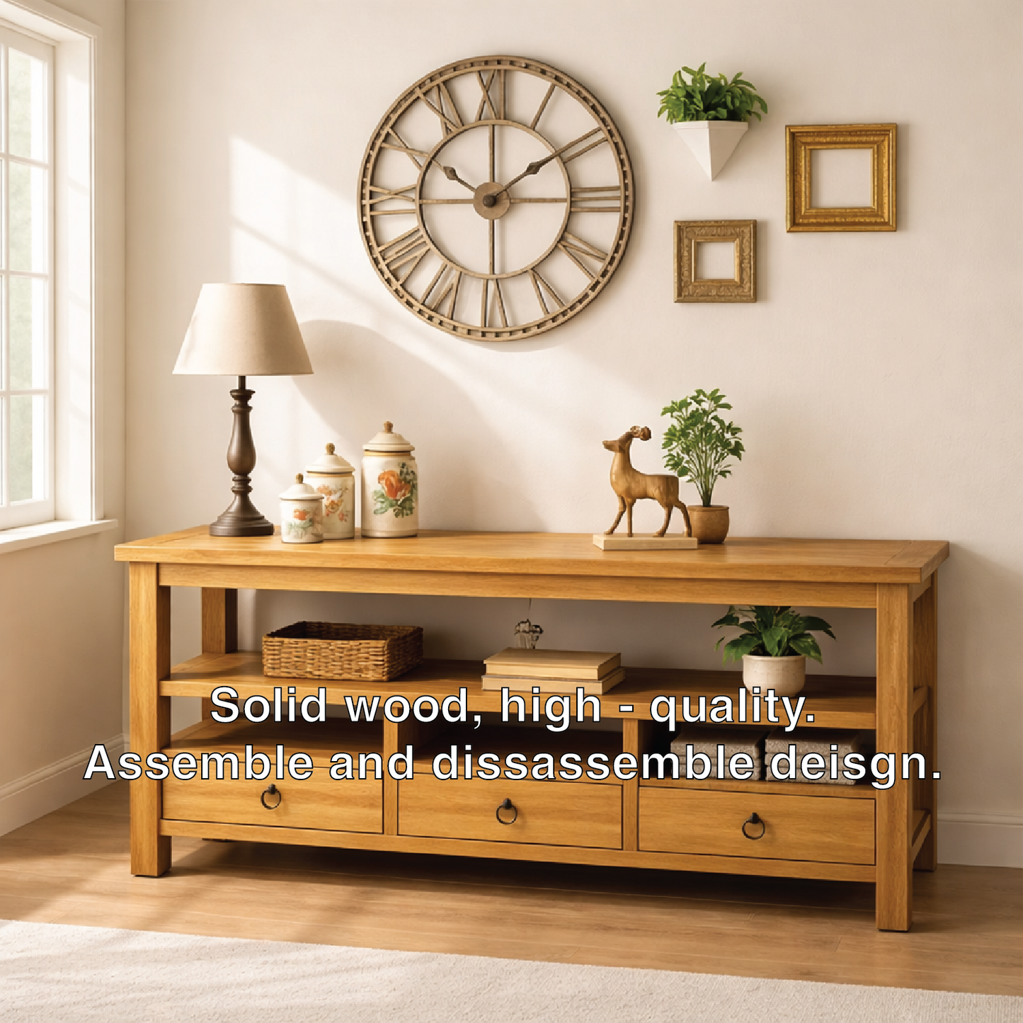 Solid Wood Console Table with Drawers, Rustic Oak Media Console Table with Open Shelves Kitchnce