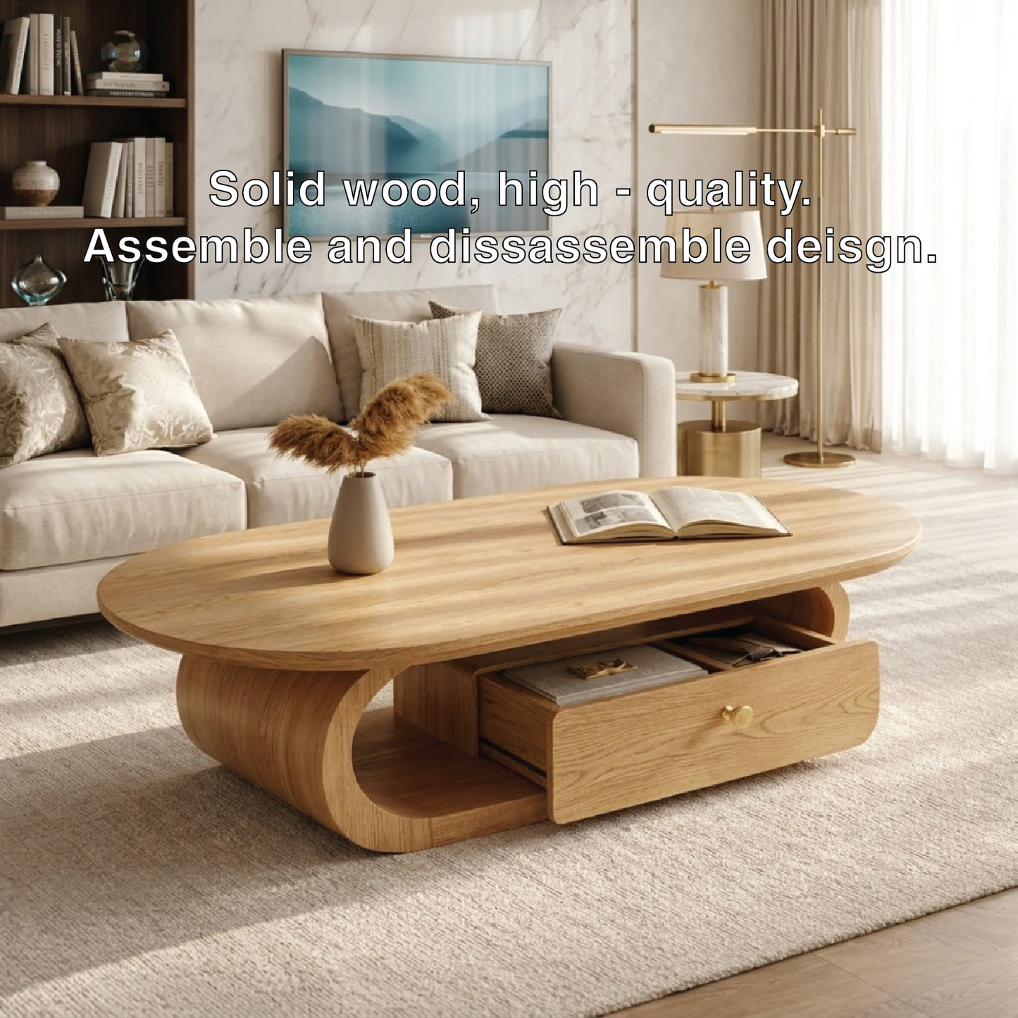 Wooden Coffee Table with Storage Drawer and Curved Modern Design
