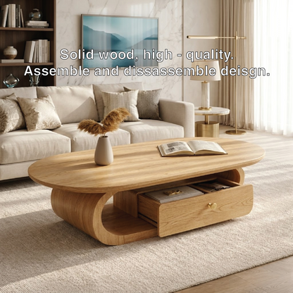 Wooden Coffee Table with Storage Drawer and Curved Modern Design