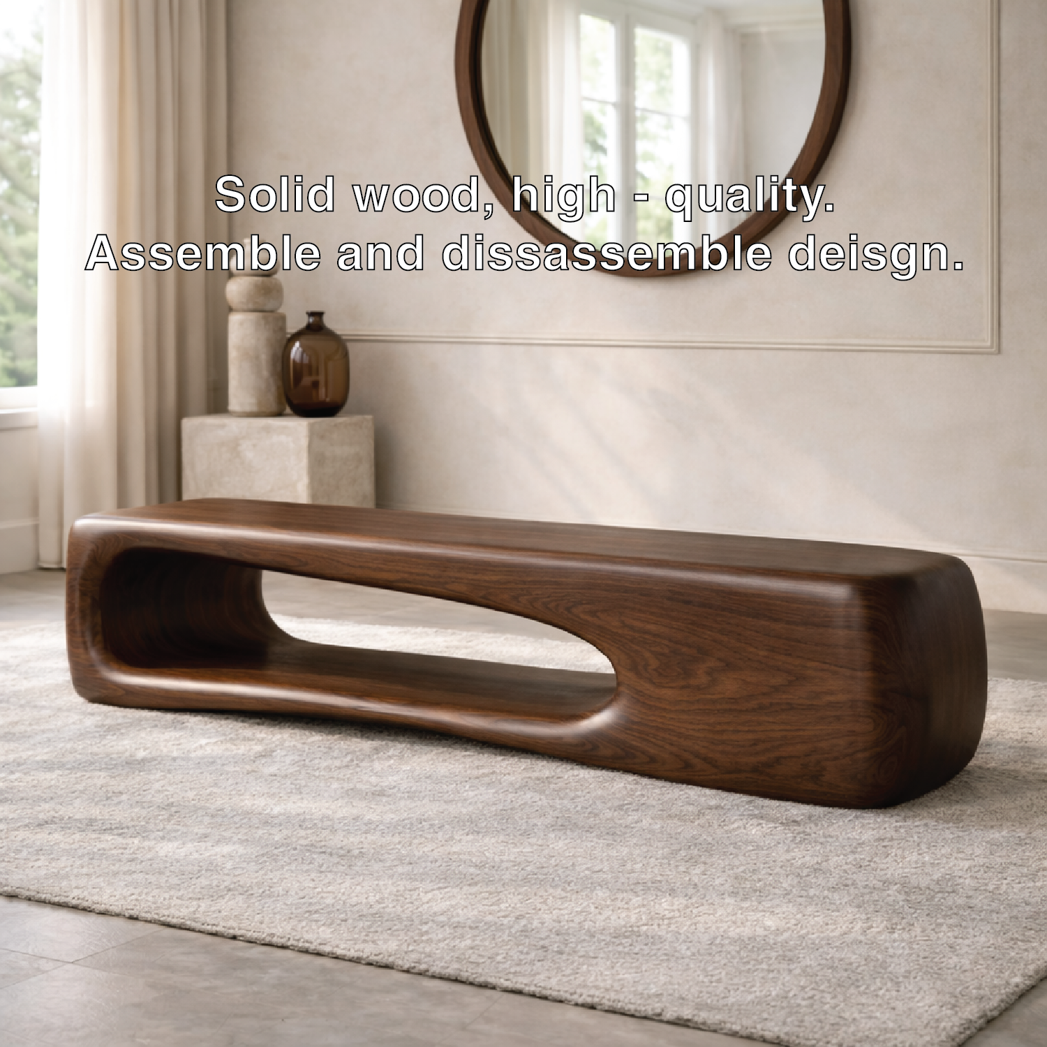 Modern Sculptural Wooden Entryway Bench, Curved Minimalist Hallway Seating Decor