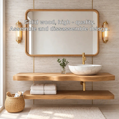 Natural Wood Floating Vanity with Curved Design, Shelf Storage, and Ceramic Sink Kitchnce