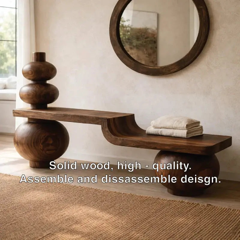 Sculptural Solid Wood Bench, Modern Artistic Entryway Statement Seating Kitchnce