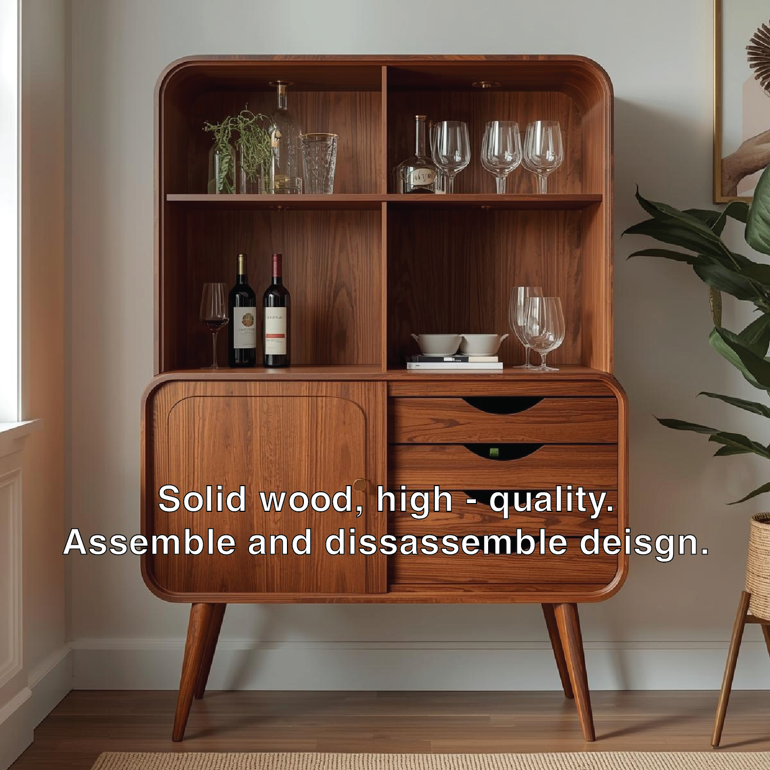 Handcrafted Solid Wood Wine Cabinet Mid Century Bar Storage with Shelves and Drawers