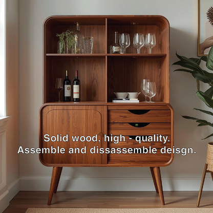 Handcrafted Solid Wood Wine Cabinet Mid Century Bar Storage with Shelves and Drawers