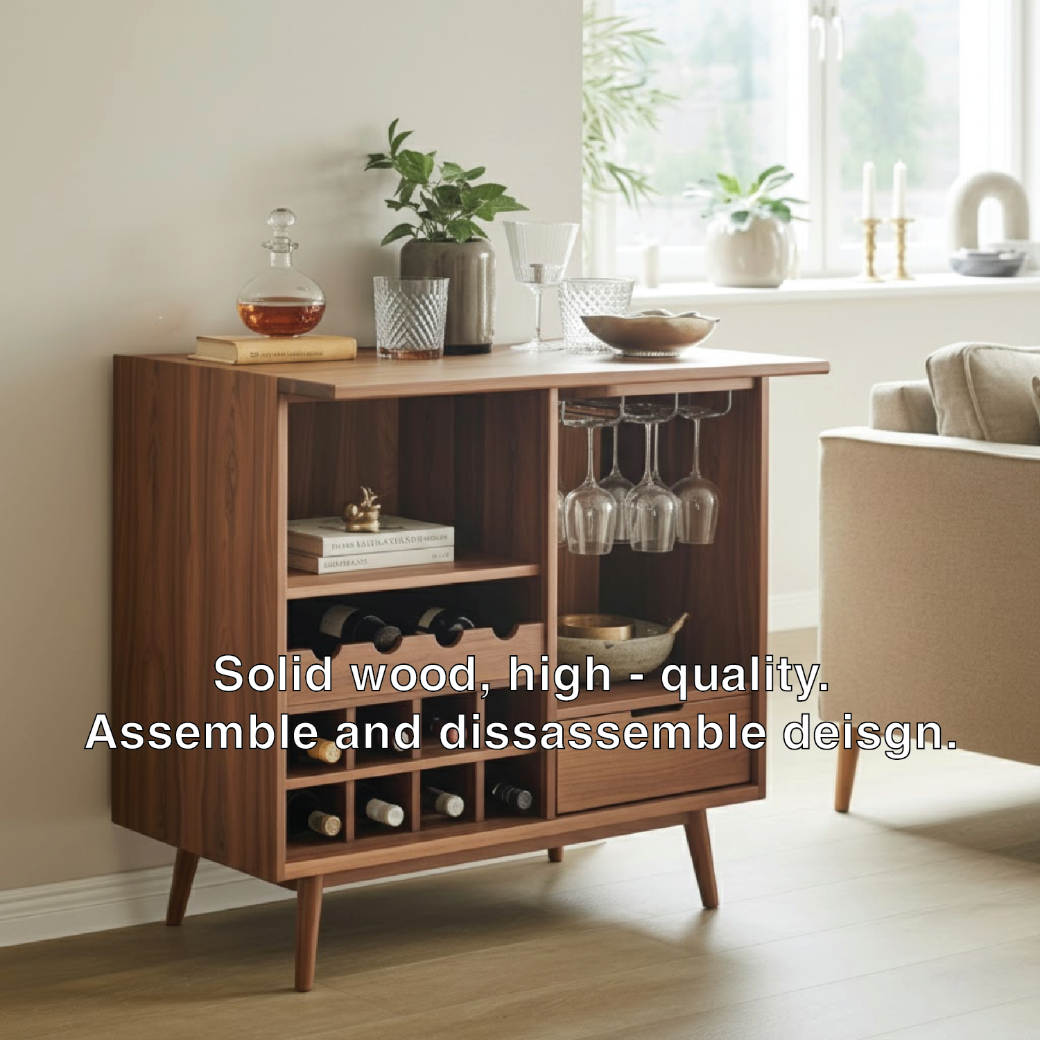 Handcrafted Solid Wood Wine Cabinet Compact Bar Storage with Glass Holder Mid Century Style