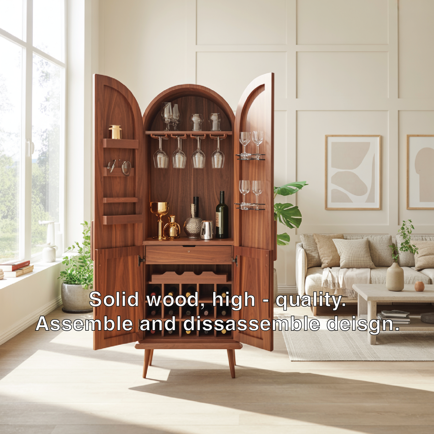 Handcrafted Solid Wood Arched Wine Cabinet Mid Century Bar Storage with Glass Rack