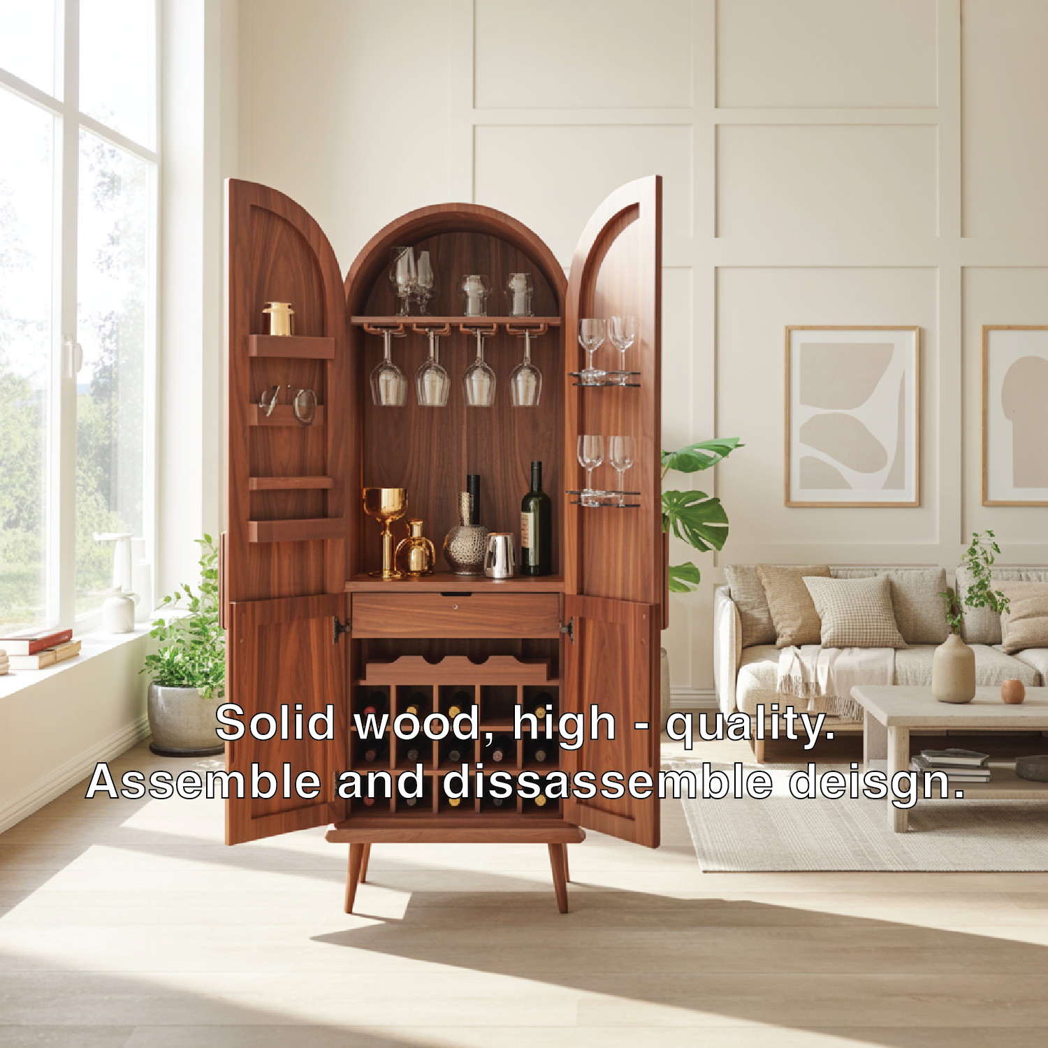 Handcrafted Solid Wood Arched Wine Cabinet Mid Century Bar Storage with Glass Rack