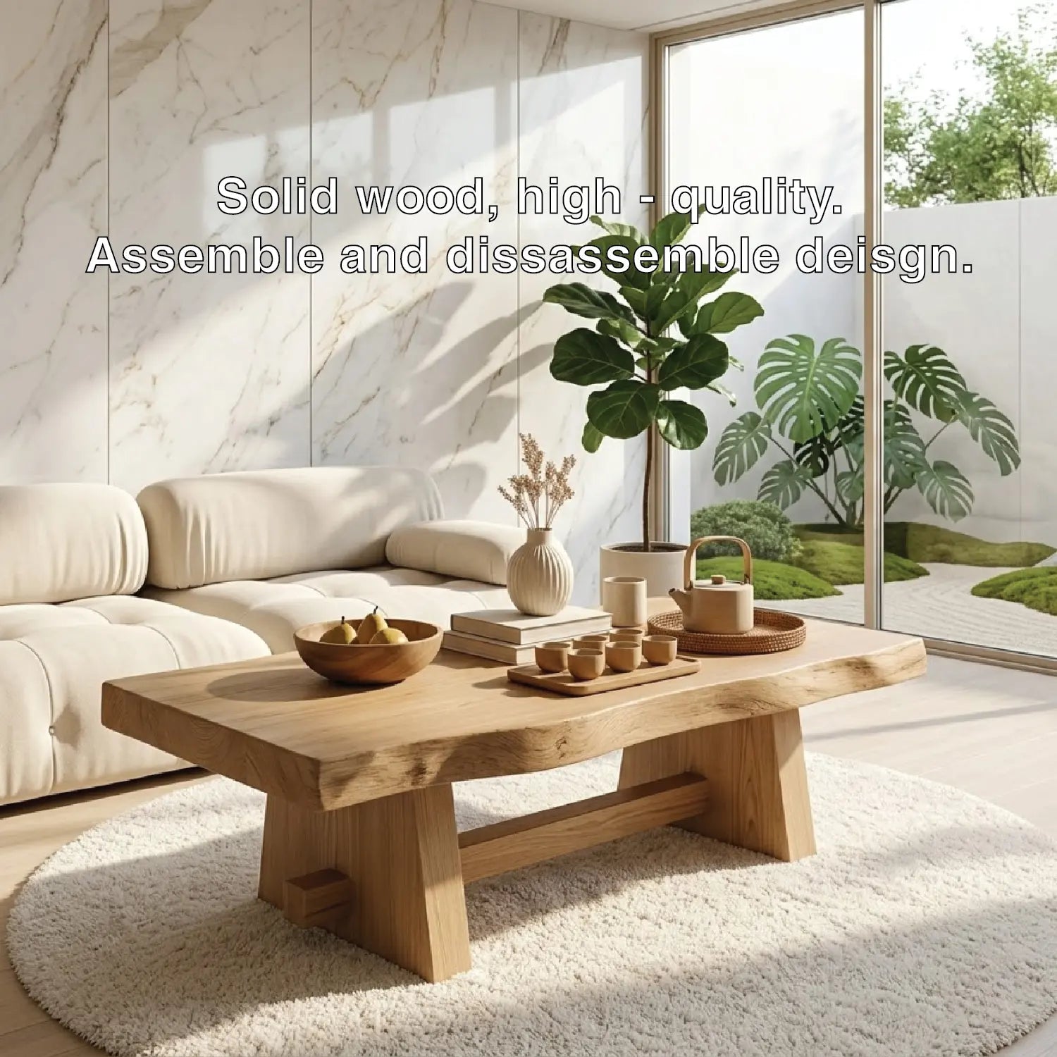 Solid Wood Coffee Table with Unique Design and Spacious Storage Shelf for Living Room Kitchnce