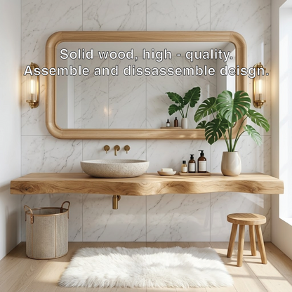 Floating Vanity with Natural Wood, Open Shelf, and Stone Basin Sink Kitchnce