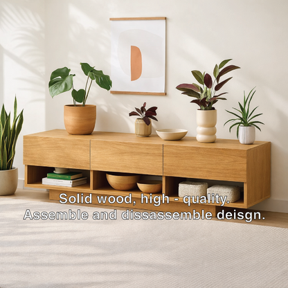 Modern Solid Wood Console Table, Minimalist Media Console Cabinet with Open Storage Shelves Kitchnce