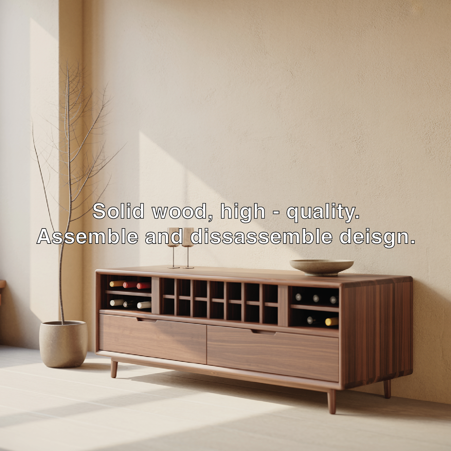 Handcrafted Solid Wood Wine Cabinet Console Mid Century Modern Low Bar Storage Furniture Sideboard