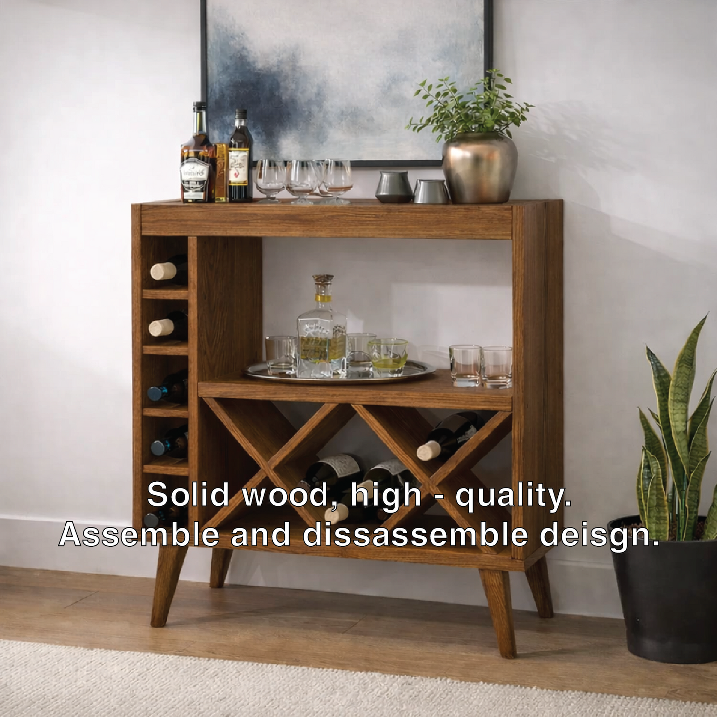 Solid Wood Wine Cabinet with X Rack and Open Shelf Storage