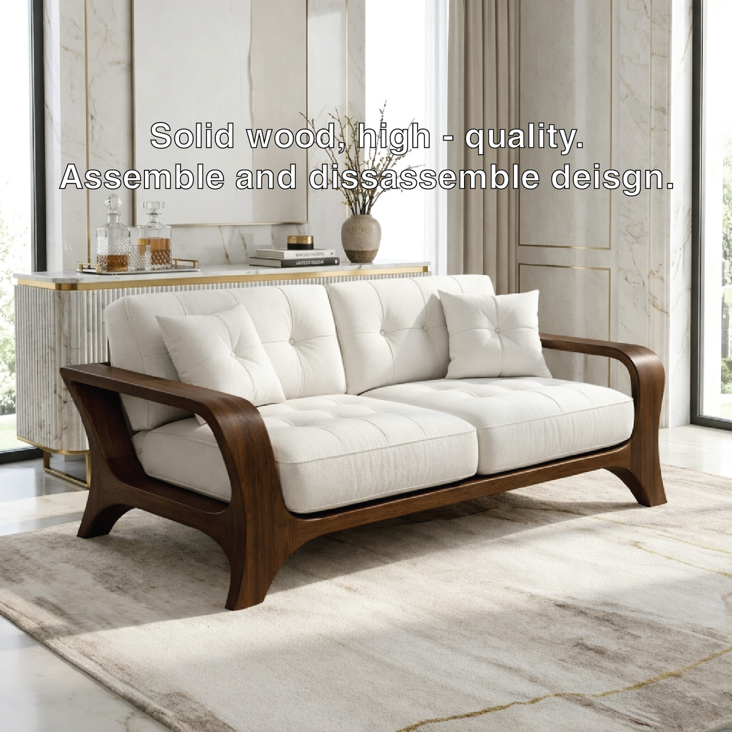 Luxury Curved Solid Wood Sofa with White Tufted Cushions Modern Designer Couch